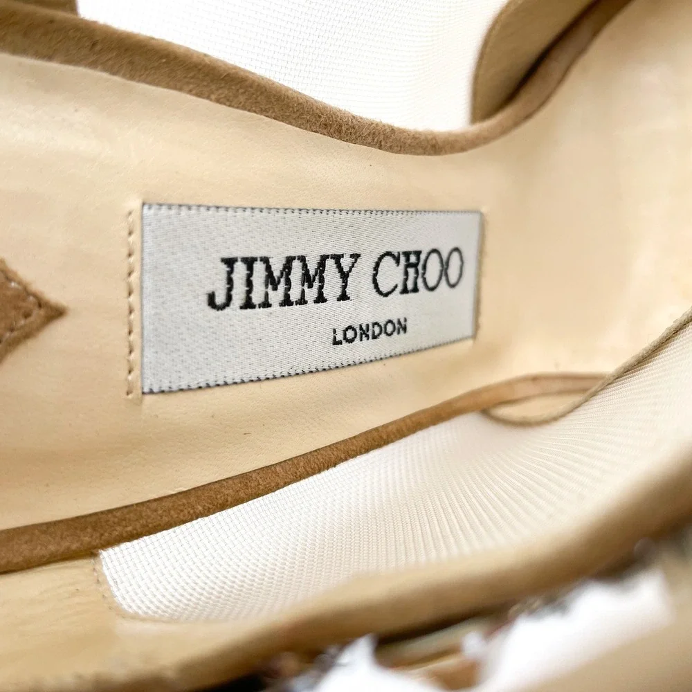Jimmy Choo Viola Crystal‎ Sandals Tan Suede Strappy Heels Sz 37.5 / 7.5 US